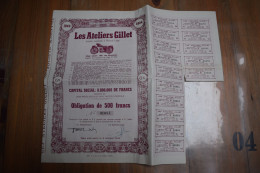 Les Ateliers Gillet Obligation 500 Frs 1944 Moto - Automobile