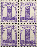 Maroc (Prot.Fr) Poste N** Yv:212B Mi:196B Tour Hassan Dent.12 Gom.mate Bloc De 4 - Unused Stamps
