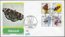 Allemagne 1984 Y&T 1034 à 1037 Sur FDC. Insectes. Papillon, Coléoptère, Abeille Mellifère, Syrphide - Käfer