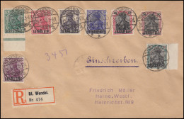 Saargebiet: R-Brief Mit 8 Germania-Aufdruckmarken ST. WENDEL 26.5.1920 N. HERNE - Brieven En Documenten