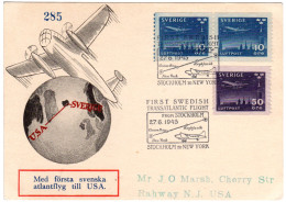 Schweden 1945, 50+2x10 öre On 1st. Flight Card From Stockholm To New York - Covers & Documents