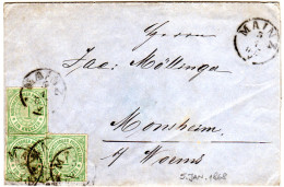 NDP 5.1.1868, 3x1 Kr. Auf Brief V. Mainz N. Monsheim B. Worms. - Brieven En Documenten