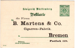 Württemberg, Ungebr. 5 Pf. Ganzsache M. Zudruck Martens&Co. Zigarren Bremen - Tabacco