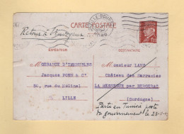 Carte Adressee A M. Lang - Retour A L Envoyeur Mention Manuscrite Parti En Tunisie Poste Du Gouvernement - 1942 - Guerra De 1939-45
