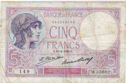 BILLET 5 FRANCS VIOLET - Du 26 AVRIL 1928 - état TTB+ (7/10) - W.33682 - 149 - - 5 F 1917-1940 ''Violet''