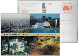 Brazil 1997 Postal Stationery Card Belo Horizonte The Capital Of The Century Church Saint Francis Of Assisi Park Square - Postal Stationery