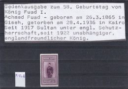 ÄGYPTEN - EGYPT - EGYPTIAN - DYNASTIE -MONARCHIE- 58. GEBURTSTAG DES KÖNIG FUAD 1926 MVLH - Nuevos