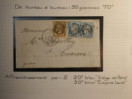 DM 7 FRANCE BELLE LETTRE DEVANT   RARE MIXTE 1871 ORLEANS A AUXERRE +VU BEHR DISPERSION COLLECTION+++ - 1849-1876: Klassik