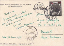 POSTAGE DUE, PORTO STAMPS ON SIBIU METROPOLITAN CHAPEL ENTERANCE POSTCARD, 1953, ROMANIA - Portomarken