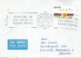 ESPAÑA ATM KLUSSENDORF EXPO 92 4 DIGITOS MAT AVION BUZONES CIBELES MADRID - Cartas & Documentos
