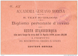 1898  BIGLIETTO D'INGRESSO TEATRO GOLDONI   A PROFITTO DEL MONUMENTO DA ERIGERSI A  GUSTAVO MODENA - Tickets D'entrée