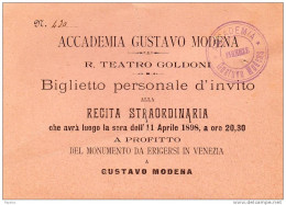 1898 BIGLIETTO D'INGRESSO ACCADEMIA GUSTAVO MODENA R TEATRO GOLDONI FIRENZE - Tickets D'entrée