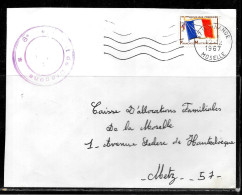 J129 - LETTRE DE MORHANGE DU 12/12/67 POUR LA CAF DE MOSELLE - Sellos De Franquicias Militares