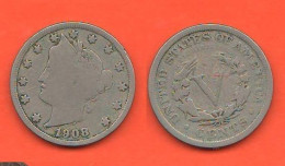America 5 Five Cents 1908 Liberty États-Unis Amérique USA 5 Centesimi Nickel Coin - 1883-1913: Liberty