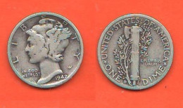 America Dime 1942 D Mercury États-Unis Amérique USA One Dime Silver Coin - 1916-1945: Mercury