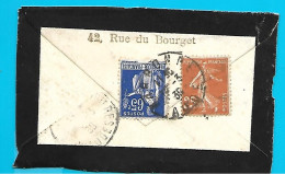 Timbre Paix Bleu à 65c + Semeuse Marron à 25c Sur Dos Très Petite Enveloppe - 1932-39 Frieden