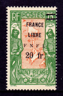 ST. PIERRE & MIQUELON — SCOTT 220 — 1942 20fr ON 75c, FNFL OVPT. — MH — SCV $65 - Neufs
