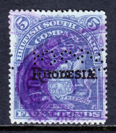 RHODESIA — SCOTT 100B — 1909 £5 ARMS HIGH VALUE — USED — FISCAL CANCEL — SG £100 - Nordrhodesien (...-1963)