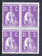 PORTUGAL — SCOTT 212 — 1912 2½c CERES P15X14, CHALKY — BLK/4 — MNH — SCV $38+ - Neufs
