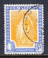 MALTA — SCOTT 112 — 1922 5/- BRITANNIA AND MALTA — USED — SCV $55 - Malta (...-1964)