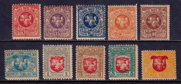 LITHUANIA — SCOTT 30-39 — 1919 WHITE KNIGHT SET, GRAY GRAN. PAPER — MH — SCV $20 - Lituania