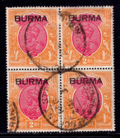 BURMA — SCOTT 14 — 1937 KGV 2r ISSUE — BLOCK/4 — USED — SCV $110 - Birmanie (...-1947)
