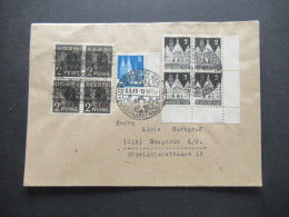 Bizone Sonderstempel Hemer 2.Briefmarkenschau 1948 Bauten Eckrandstücke UR Nr.73 Und 75 MiF Mit Bandaufdruck Nr.36 I - Covers & Documents