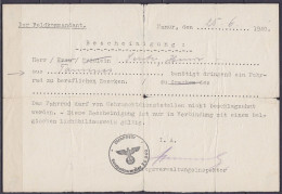Attestation établie à NAMUR Le 25 Juin 1940 à La Feldkommandantur Pour Citoyen De TAMINES (collée Sur Carton Noir) - Documenti