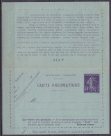 France - EP Carte Pneumatique 30c Semeuse Mauve ** - Rohrpost