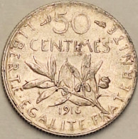 France - 50 Centimes 1916, KM# 854, Silver (#4033) - 50 Centimes