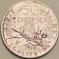 France - 50 Centimes 1918, KM# 854, Silver (#4035) - 50 Centimes