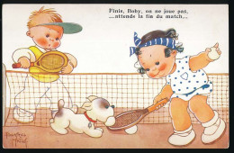 CPA 9 X 14 Illustrateur BEATRICE MALLET "Finis, Boby, On Ne Joue Pas...attends La Fin Du Match"  Couple Chiot Tennis - Mallet, B.