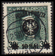 1918. POLSKA. POLSKA POCZTA On K UND K FELDPOST 10 Hal / 30 H Perf. 12½. Black Overprint. (Michel 22a) - JF544101 - Oblitérés