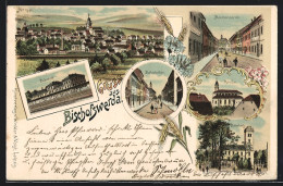 Lithographie Bischofswerda, Bahnhof, Kirche, Bautzenerstrasse  - Bischofswerda