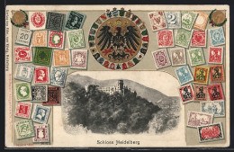 AK Heidelberg, Blick Zum Schloss, Wappen Und Briefmarken  - Stamps (pictures)