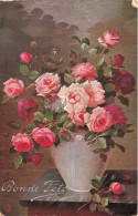 FLEURS - Bouquet De Roses Dans Un Vase - Bonne Fêtes - Roses Rose - Carte Postale Ancienne - Flowers