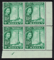 Malta Second World War Memorial 1½d Corner Block Of 4 1956 MNH SG#269 - Malta (...-1964)