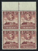 Malta HMS St Angelo ½d Brown Block Of 4 Top Margin 1943 MNH SG#218a - Malte (...-1964)