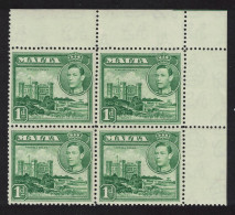 Malta Verdala Palace 1d Green Corner Block Of 4 1943 MNH SG#219a - Malte (...-1964)