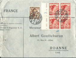 SUISSE LETTRE 90c+25c ( COIN DATE ) BASEL POUR ROANNE ( LOIRE ) DE 1941 LETTRE COVER - Brieven En Documenten