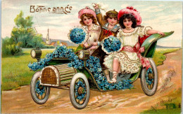 Bonne Année - Enfants Dans Une Voiture - Carte Gaufrée - Valentinstag