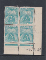 France Timbres-Taxe N° 82 XX : 2 F. Bleu-vert En Bloc De 4 Coin Daté Du  5 . 2 . 46 .  1 Pt Blanc, Ss Cha. Sinon TB - Portomarken