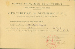 Guerre 40 Certificat De Membre FFI Forces Françaises De L'intérieur Libération Hautes Alpes - WW II