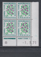 France Timbres-Taxe N° 98 XX Fleurs : 20 C. Pervenche, En Bloc De 4 Coin Daté Du 1 . 3 . 71 ; 1 Point Blanc, Ss Ch.,TB - Taxe