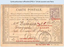 Entier FRANCE - Carte Précurseur (CPO) N° 24 Affrcht YT 66 - Obl. Louviers Vers Paris - Tarjetas Precursoras