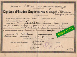 VP23.078 - Université De MONTPELLIER 1931 - Diplôme D'Etudes Supérieures - Melle LADIEU Née à SAINT MARTIN DE GOYNE - Diploma & School Reports