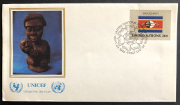 UNITED NATIONS,  FDC, UNICEF, « SWAZILAND », Flags, Sculpture, 1982 - UNICEF