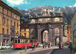 INNSBRUCK, TIROL, ARCHITECTURE, MOUNTAIN, TRAM, CARS, GATE, STATUE,  AUSTRIA, POSTCARD - Innsbruck