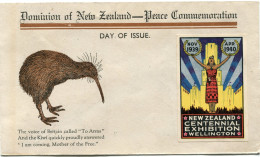 NOUVELLE-ZELANDE ENVELOPPE 1er JOUR ILL AVEC VIGNETTE " NOV 1939 APR 1940 NEW ZEALAND CENTENNIAL EXHIBITION WELLINGTON " - Lettres & Documents