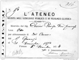 1874  FATTURA  L'ATENEO RIVISTA DELL' ISTRUZIONE PUBBLICA E DI FISIOLOGIA CLASSICA FIRENZE - Italie